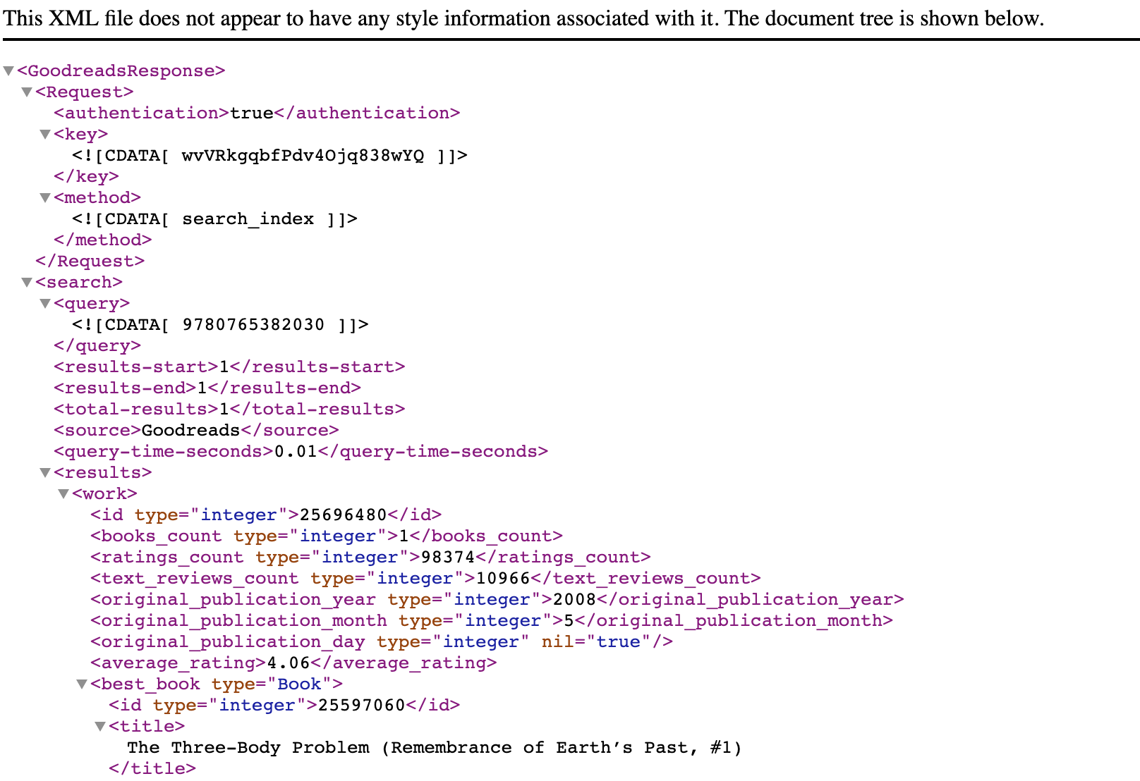 A snapshot of typical XML result returned from Goodreads search.books API